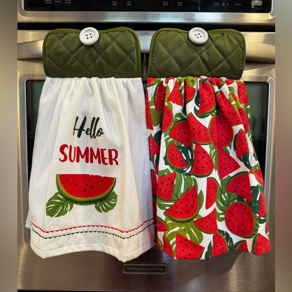 Hand crafted Hello Summer Watermelon Kitchen Hanging Towels - Green & Red